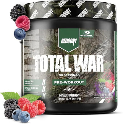 REDCON1 x Mossy Oak Total War Pre Workout Powder, Sour Wild Berry - Beta Alanine + Citrulline Malate Keto Friendly, Fast-Acting Preworkout for Men & Women with 320mg of Caffeine (30 Servings)