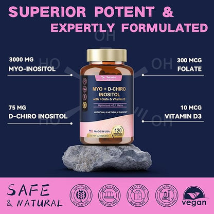 Inositol Supplement for Women with Vitamin D3, Folate, 40:1 Ratio Myo-Inositol 3000mg & D-Chiro Inositol 75mg Complex, (Vitamin B8) Inositol Capsules, Pack of 2