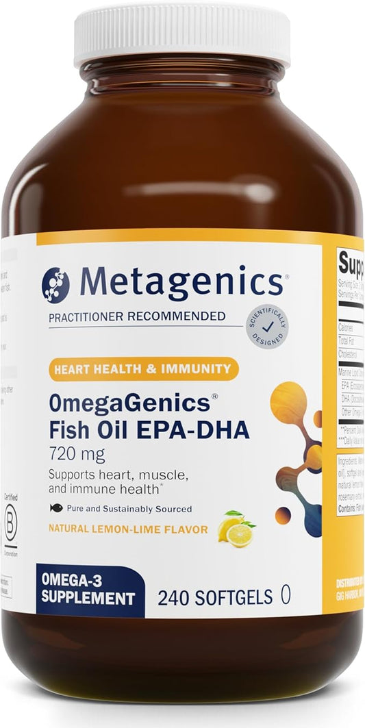 Metagenics OmegaGenics Fish Oil EPA-DHA 720- Omega-3 Fish Oil Supplement - for Heart Health, Musculoskeletal Health & Immune System Health* - with DHA & EPA - 240 Softgels