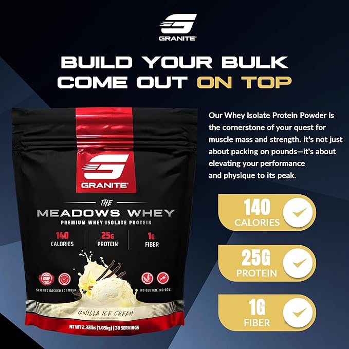 Granite Supplements The Meadows Whey Protein Isolate - (30 Servings) Whey Protein Powder - 140 Calories, 1g Fiber, 1g Sugar Protein Whey for Lean Muscle - Vanilla Ice Cream Flavored Protein Powder