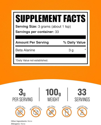 BulkSupplements.com Beta Alanine Powder - Beta Alanine Supplement, Beta Alanine Pre Workout, Beta Alanine 3000mg - Unflavored & Gluten Free, 3g per Serving, 100g (3.5 oz) (Pack of 1)