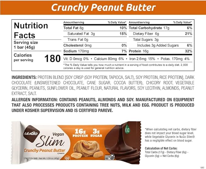 NuGo Slim Dark Chocolate Crunchy Peanut Butter, 17g Vegan Protein, 3g Sugar, 12 Count and NuGo Plant Protein Powder, 20g Protein, 3g Sugar, 25 Servings