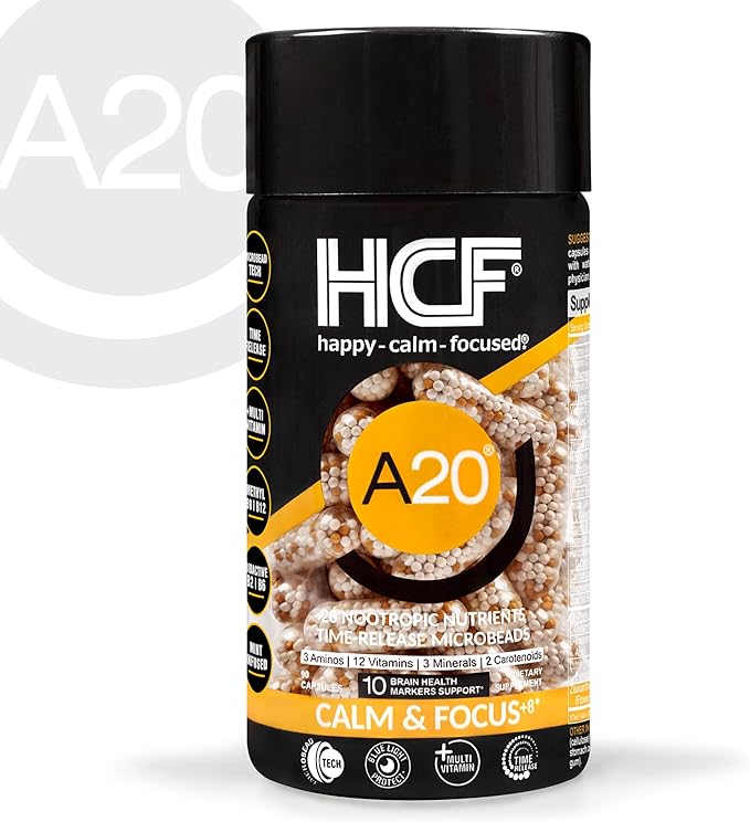 HCF A20 Microbead Brain Supplements for Memory and Focus + Brain Support, Calm, Mood, Alertness, Attention, Vision, Sleep, Immune System, 20 Premium Nootropic Nutrients Multivitamin & 7 Advances® Tech