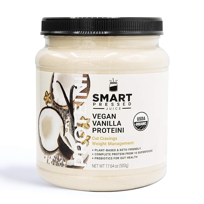 SMART Pressed Juice Vegan Vanilla Proteini | Premium Organic Plant-Based Protein Powder | Clean Lean Protein Shake | Best Detox Smoothie No Fillers | Keto Friendly | Made in The USA | 20 Servings