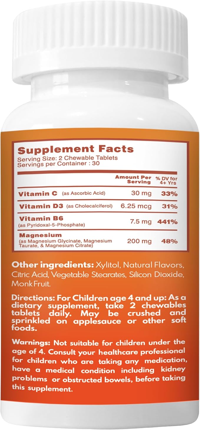 Chewable Magnesium for Kids, Relaxation and Calm Formula, Glycinate, Citrate, Taurate, Vitamin B6, D, C, Natural Lemonade Flavor, Sugar Free, Gluten Free, Non-GMO, 60 Chewable Tablets