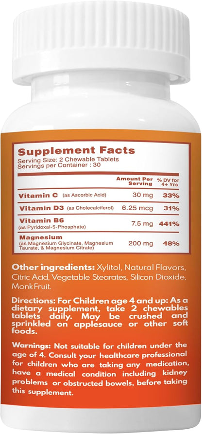 Chewable Magnesium for Kids, Relaxation and Calm Formula, Glycinate, Citrate, Taurate, Vitamin B6, D, C, Natural Lemonade Flavor, Sugar Free, Gluten Free, Non-GMO, 60 Chewable Tablets