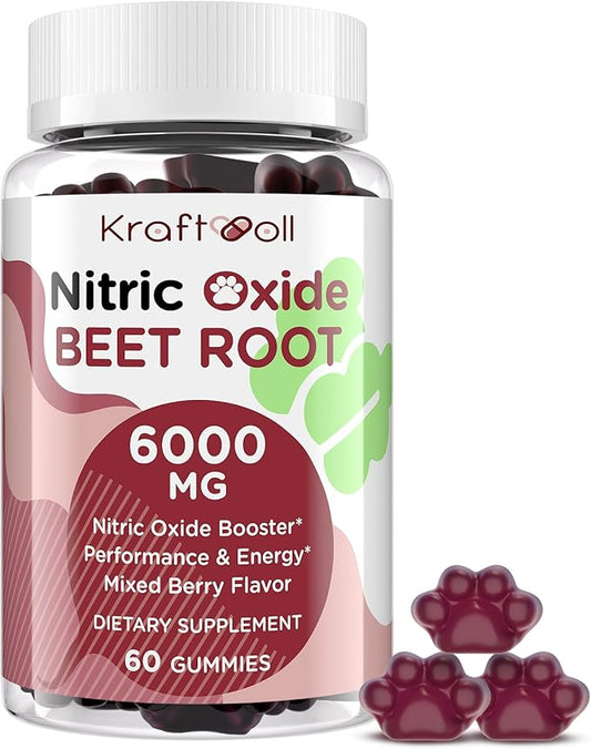 Nitric Oxide Beet Root Gummies 6000MG Supplements - Sugar Free, Beetroot, Grapeseed Powder, Pomegranate Powder, Vitamin C and B12 - Beet Chewables Mixed Berry Flavor, 60 Gummies