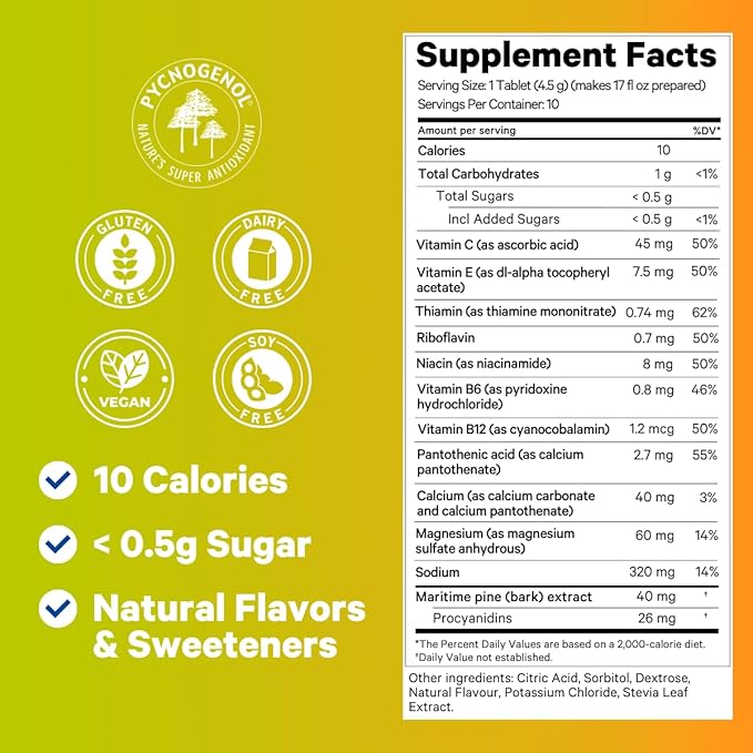 Jet Lag Relief Tablets - Citrus-Flavored Effervescent Multivitamin with Pycnogenol Travel Supplement for Hydration, Energy, Immune Support and Faster Recovery - Flight Essential, 20 Tablets