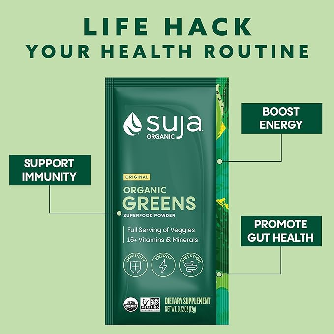 Suja Organic Greens Powder Probiotic Blend, Spirulina, Daily Superfood Drink or Smoothie Mix for Immune Support, Digestion, & Energy, Vegan, Gluten Free, Non GMO, 10 Servings