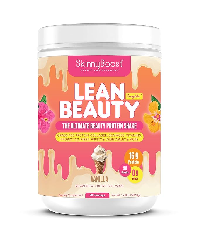 Lean Beauty Shake Protein Powder-Vanilla- Grass Fed Whey Protein, Hydrolyzed Collagen, Beauty Ingredients, Vitamins, Fiber, No Sugars, All Natural, 20 Servings, Made in USA