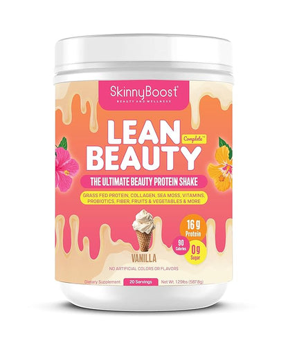 Lean Beauty Shake Protein Powder-Vanilla- Grass Fed Whey Protein, Hydrolyzed Collagen, Beauty Ingredients, Vitamins, Fiber, No Sugars, All Natural, 20 Servings, Made in USA
