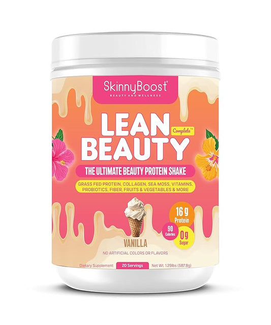 Lean Beauty Shake Protein Powder-Vanilla- Grass Fed Whey Protein, Hydrolyzed Collagen, Beauty Ingredients, Vitamins, Fiber, No Sugars, All Natural, 20 Servings, Made in USA
