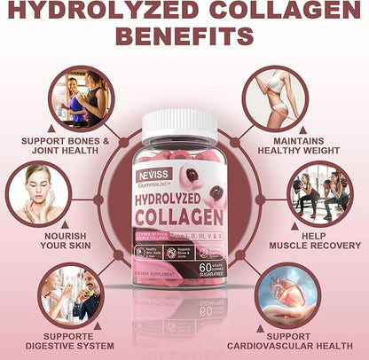 Hydrolyzed Collagen Peptides Gummies 800mg, Sugar Free Multi Peptides Type I II III V & X, Plus Biotin, Keratin & Vitamin for Women Men Healthy Skin Hair Nails, Bone & Joint Support