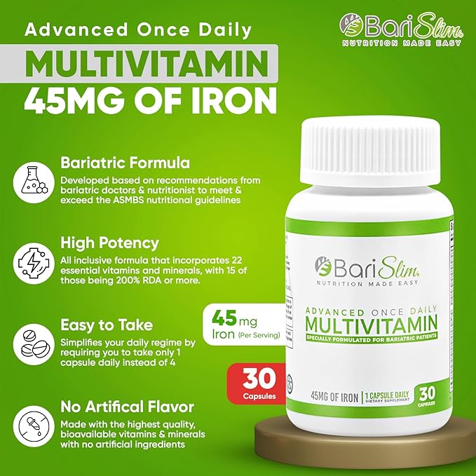 BariSlim Advanced Once Daily Bariatric Multivitamin Capsule - 45 mg of Iron - Bariatric Vitamin for Post Bariatric Surgery Including Gastric Bypass and Gastric Sleeve | 30 Day Supply