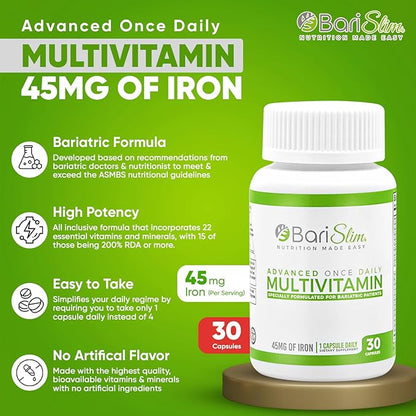 BariSlim Advanced Once Daily Bariatric Multivitamin Capsule - 45 mg of Iron - Bariatric Vitamin for Post Bariatric Surgery Including Gastric Bypass and Gastric Sleeve | 30 Day Supply