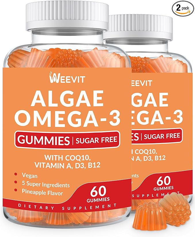 Vegan Omega 3 Gummies, Algae Omega 3 Supplement DHA 240mg, EPA 110mg w/Vitamin B12, CoQ10, Omega 3 Fish Oil Alternative for Adults - Brain, Bone, Joint, Eye & Immunity Support