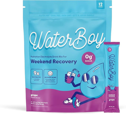 Waterboy Weekend Recovery | 3,200mg Electrolyte Powder Packets | Ginger + L-Theanine + Vitamins | No Sugar, All Natural, Gluten Free | 12 Drink Stick Mixes (Grape)