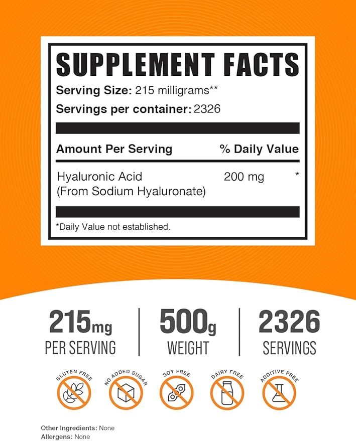 BulkSupplements.com Hyaluronic Acid Powder - Hyaluronic Acid Supplements, Hyaluronic Acid 215mg - Hyaluronic Acid Food Grade, Gluten Free - 215mg per Serving, 500g (1.1 lbs) (Pack of 1)