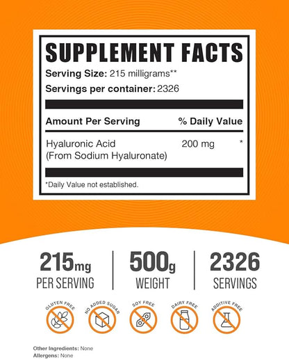 BulkSupplements.com Hyaluronic Acid Powder - Hyaluronic Acid Supplements, Hyaluronic Acid 215mg - Hyaluronic Acid Food Grade, Gluten Free - 215mg per Serving, 500g (1.1 lbs) (Pack of 1)