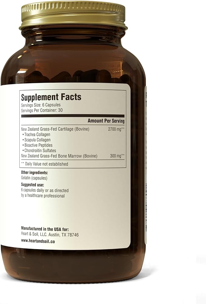 HEART & SOIL Grass Fed Joint Support Supplement - Bovine Tracheal Cartilage Immune Support Capsules - Joint Health Supplement for Women, Men, & Seniors - Non GMO Dietary Supplement - 180 Capsules