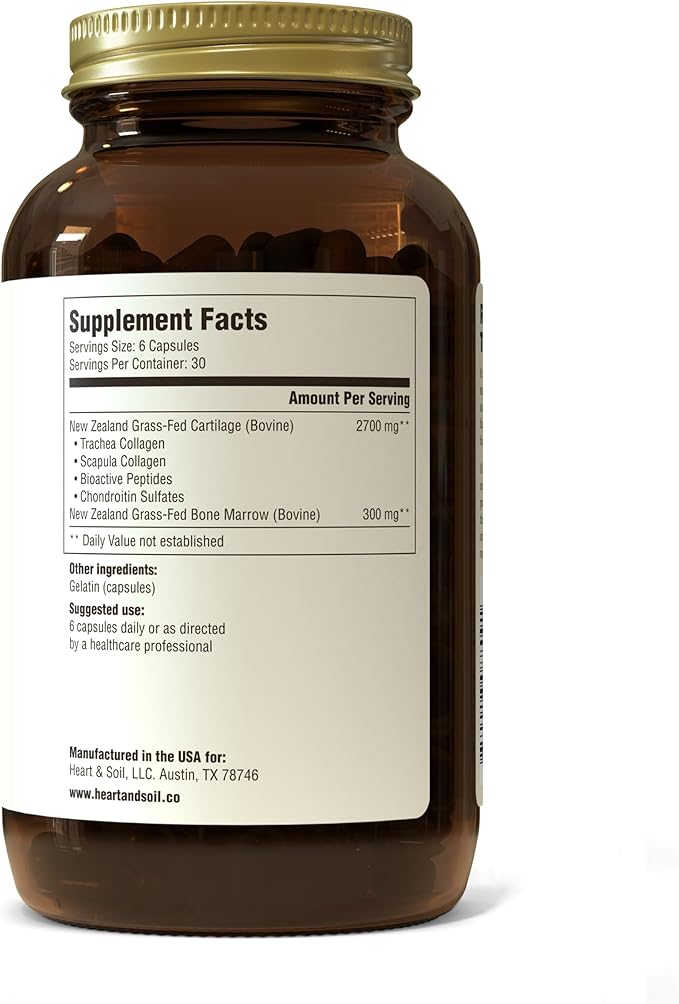 HEART & SOIL Grass Fed Joint Support Supplement - Bovine Tracheal Cartilage Immune Support Capsules - Joint Health Supplement for Women, Men, & Seniors - Non GMO Dietary Supplement - 180 Capsules