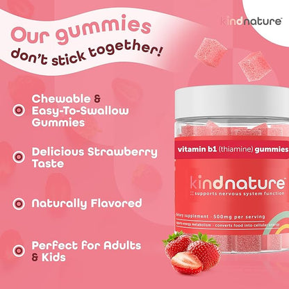 Kind Nature Vitamin B1 Gummies - Chewable Thiamine 500mg per Serving - Non GMO, Vegan, Natural Strawberry Flavor Thiamine B1 Supplement for Adults & Kids