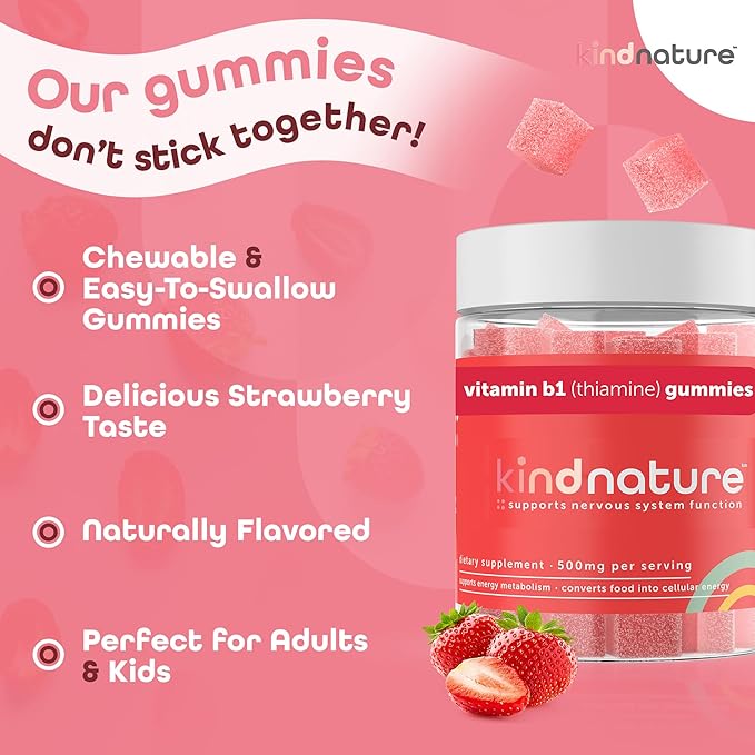 Kind Nature Vitamin B1 Gummies - Chewable Thiamine 500mg per Serving - Non GMO, Vegan, Natural Strawberry Flavor Thiamine B1 Supplement for Adults & Kids