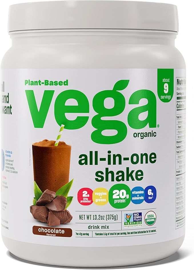 Vega Organic All-in-One Vegan Protein Powder, Chocolate - Superfood Ingredients, Vitamins for Immunity Support, Keto Friendly, Pea Protein for Women & Men, 13.2 oz (Packaging May Vary)
