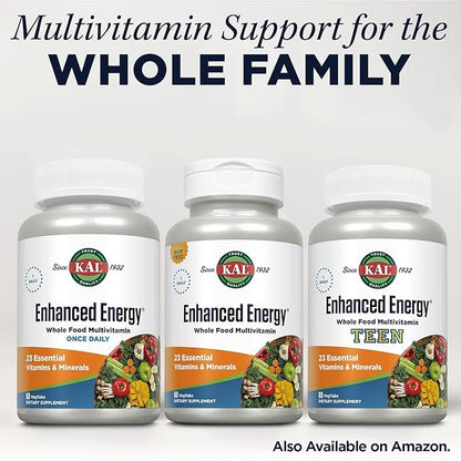 KAL Enhanced Energy Supplements, Once Daily Whole Food Multivitamin for Women and Men, Iron Free, 23 Essential Vitamins, Minerals, Super Foods, Digestive Enzymes, 60-Day Guarantee, 60 Serv, 60 VegTabs