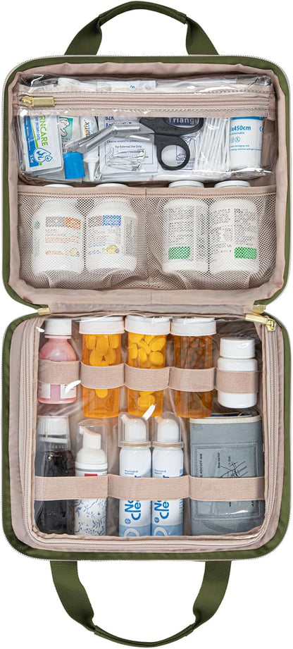 Leudes Travel Pill Bottle Organizer,Medicine Organizer and Storage,Home Medication Bag, Cases,Carrier for Pills,Vitamin,Fish Oil,Supplements for Women and Men (Large, Army Green)