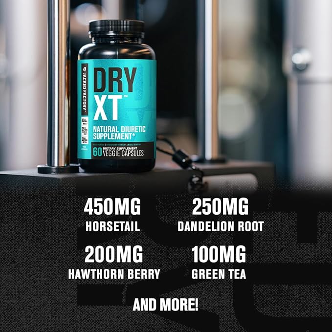 Jacked Factory Dry-XT Diuretic Water Pills - Natural Supplement | Reduces Water Retention & Bloating | Dandelion Root Extract, Potassium, 7 More Powerful Ingredients - 60 Veggie Capsules