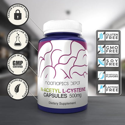 Nootropics Depot N-Acetyl L-Cysteine Capsules | 500mg | NAC | 180 Count | Supports Healthy Liver Function | Cellular Health | Glutathione Levels | Healthy Oxidation Levels