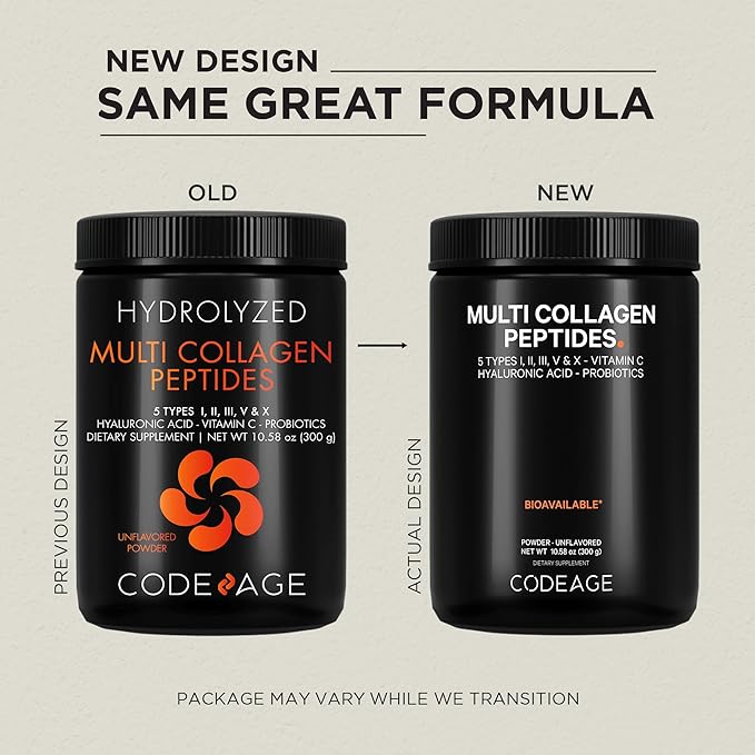 Codeage Multi Collagen Peptides Powder + Probiotics Black Edition, Vitamin C, Hyaluronic Acid Powder Supplement, Grass-Fed, Hydrolyzed, Zero Carbs, Type I, II, III, V & X, Unflavored, 10.58oz