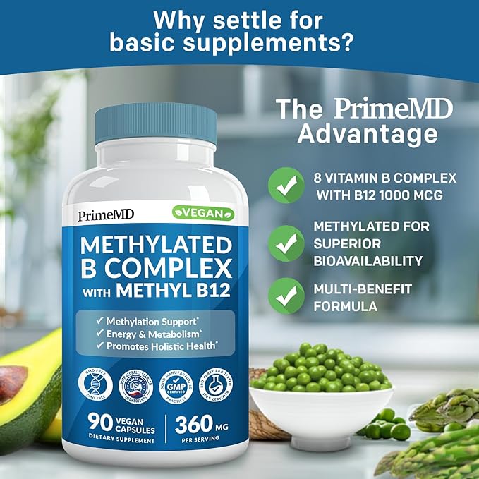 Methylated B Complex with B12 Methylcobalamin & Methyl Folate 1000 mcg - Premium Vitamin B Complex for Energy, Brain Function, and Wellness - Methylated Multivitamin (90 Servings, Pack of 1)