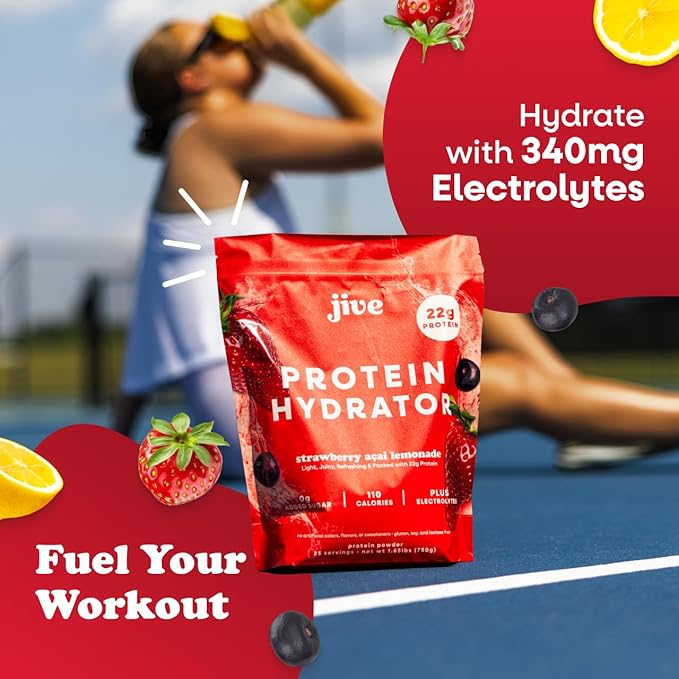 Jive Protein Hydrator Clear Protein Powder - 25 Servings, 22g Protein, 110 Calories & w/Electrolytes - Strawberry Acai Lemonade - Grass Fed Clear Whey Isolate Protein - Clear Whey Protein Powder