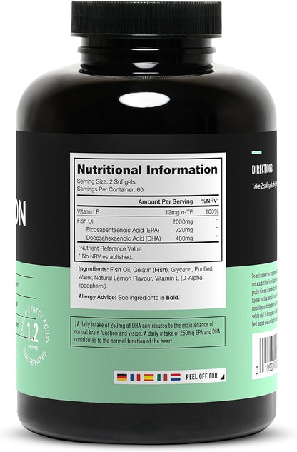 LEGION Triton Fish Oil Capsules - Triple Strength Omega 3 Essential Fatty Acids with Vitamin E & Lemon Oil for Maximum Absorption, Freshness & Purity - 2400mg EPA & DHA Per Serving, 30 Svgs