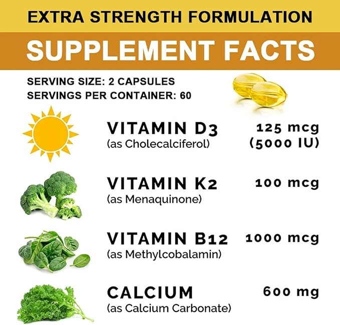 Extra Strength 4-in-1 Calcium 600mg + Vitamin D3 5000iu + K2 + B12 Natural Supplement Complex for Bone and Immune Health, 120 Softgels, 60 Day Supply
