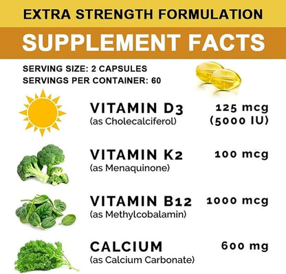 Extra Strength 4-in-1 Calcium 600mg + Vitamin D3 5000iu + K2 + B12 Natural Supplement Complex for Bone and Immune Health, 120 Softgels, 60 Day Supply
