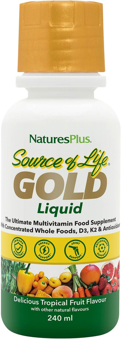 Natures Plus Source of Life Gold Multivitamin Liquid - 8 oz - with Vitamins D3, B12 & K2 - Blood, Bone & Immune Support - Vegetarian & Gluten Free - 8 Servings