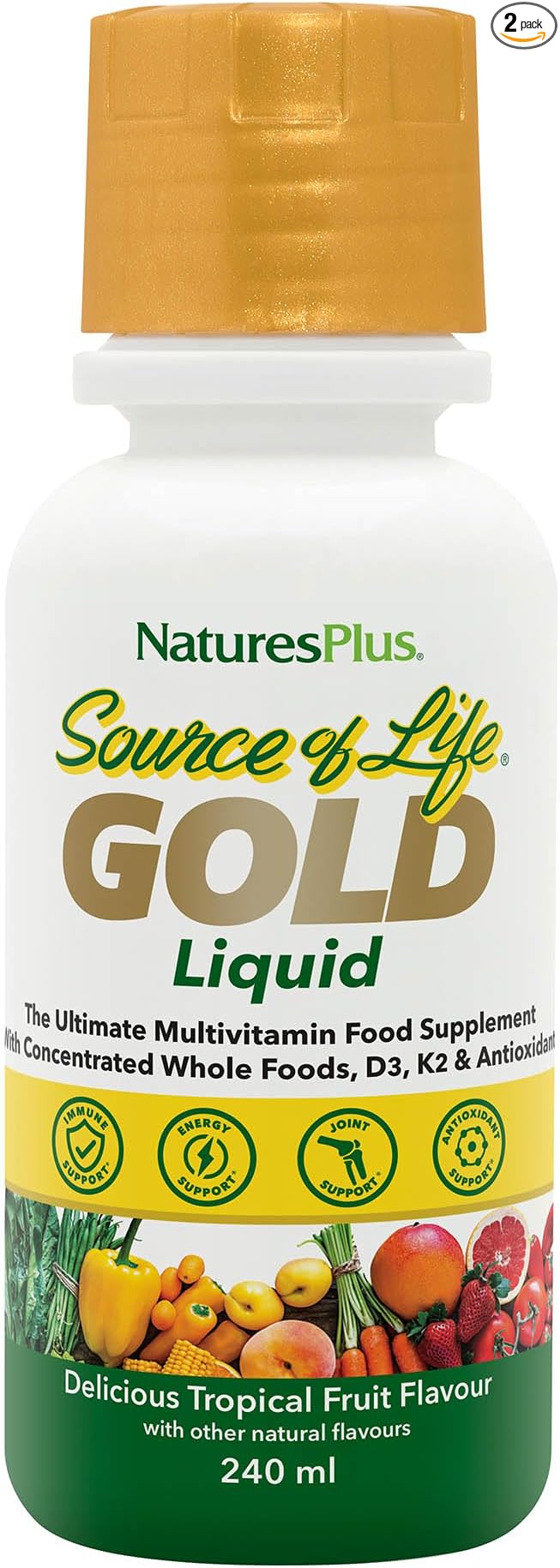 Natures Plus Source of Life Gold Multivitamin Liquid - 8 fl oz, Pack of 2 - with Vitamins D3, B12 & K2 - Vegetarian & Gluten Free - 16 Total Servings