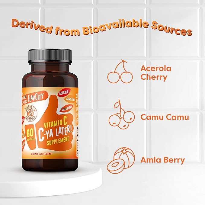 FlavCity Vitamin C Supplement, C-Ya Later- Dietary Supplement for Immune Support Derived from Bioavailable Sources of VIT C - Made with Acerola, Camu Camu & Amla Berry - 60 Capsules
