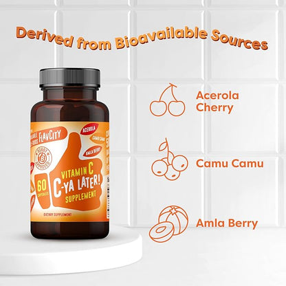 FlavCity Vitamin C Supplement, C-Ya Later- Dietary Supplement for Immune Support Derived from Bioavailable Sources of VIT C - Made with Acerola, Camu Camu & Amla Berry - 60 Capsules