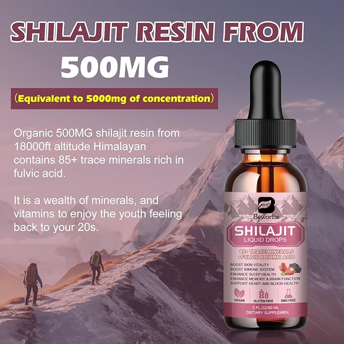 Shilajit Resin Liquid Drops | Shilajit for Men and Women with Ashwagandha, Turmeric, Ginseng, Chaga, 85+ Trace Minerals Fulvic Acid Shilajit Resin Complex for Immune Support, Energy Booster - Vegan