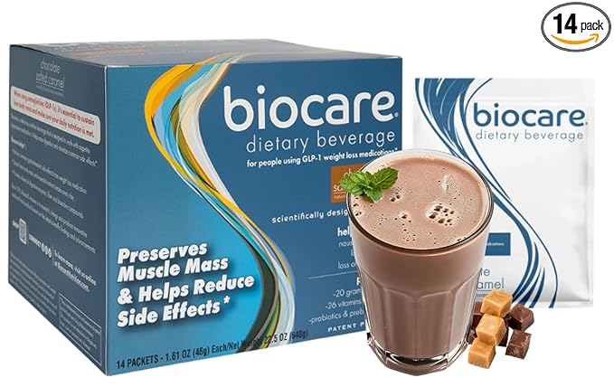 Nutritional Beverage for GLP-1 Users, Dietary Powder Drink Provides 20g Essential Protein, 26 Vitamins/Minerals, Helps Ease Nausea, Bloating, Constipation, Chocolate Salted Caramel (14 Count)