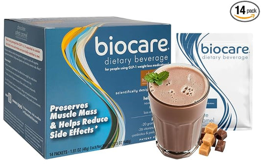 Nutritional Beverage for GLP-1 Users, Dietary Powder Drink Provides 20g Essential Protein, 26 Vitamins/Minerals, Helps Ease Nausea, Bloating, Constipation, Chocolate Salted Caramel (14 Count)