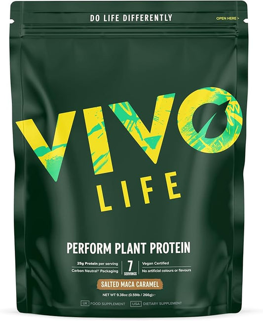 Vivo life Perform Plant Protein Powder - Salted Maca Caramel, Vegan, 7 Servings - 266g / 9.38oz, BCAA Pea & Hemp Blend
