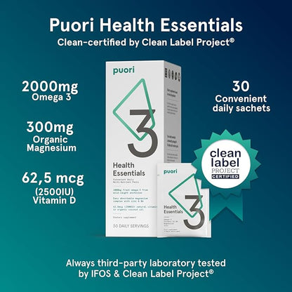 Puori P3 Health Essentials - Multivitamins for Men and Women - 30 Servings - Omega 3, Vitamin D, Magnesium, Zinc - Multi-Nutrient for Brains and Energy