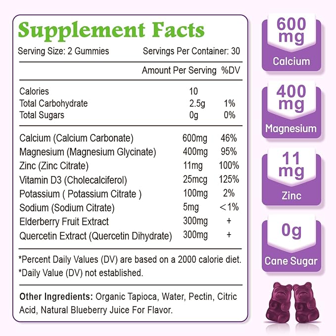 High Absorption Calcium Magnesium Zinc Gummies, Calcium Magnesium Supplement with Potassium Vitamin D3 for Bone & Teeth Strength, Muscle Function - Blueberry Flavor 60 Cts