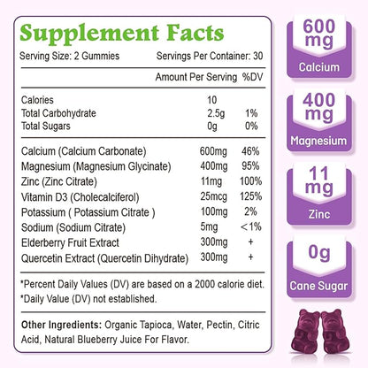 High Absorption Calcium Magnesium Zinc Gummies, Calcium Magnesium Supplement with Potassium Vitamin D3 for Bone & Teeth Strength, Muscle Function - Blueberry Flavor 60 Cts