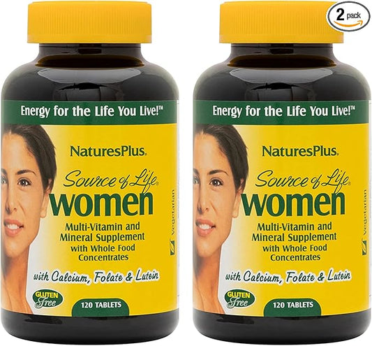 Natures Plus Source of Life Women - 120 Tablets, Pack of 2 - Multi-Vitamin & Mineral Supplement - with Iron, Calcium, Folate & Lutein - Gluten Free, Vegetarian - 120 Total Servings